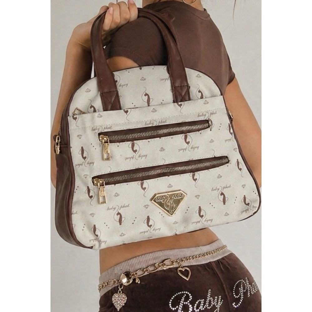 Baby Phat Vintage Y2K Handbag Brown Cream Logo Print Satchel Purse Gold Hardware